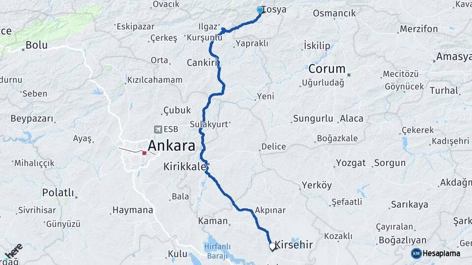 Kastamonu Tosya Kırşehir Arası Kaç Km - Yol Haritası