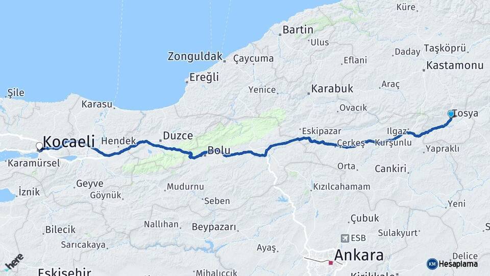 Kastamonu Tosya Kocaeli Arası Kaç Km - Yol Haritası