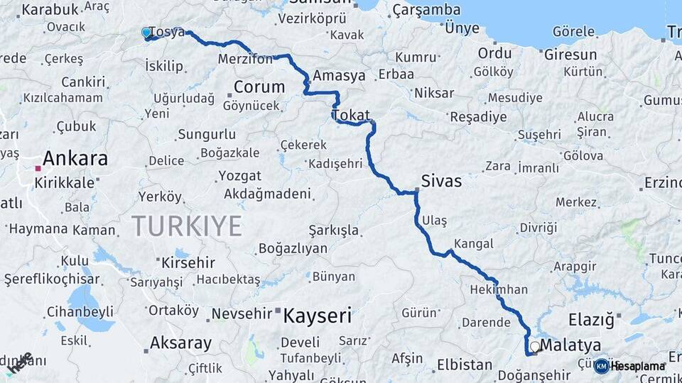 Kastamonu Tosya Malatya Arası Kaç Km - Yol Haritası