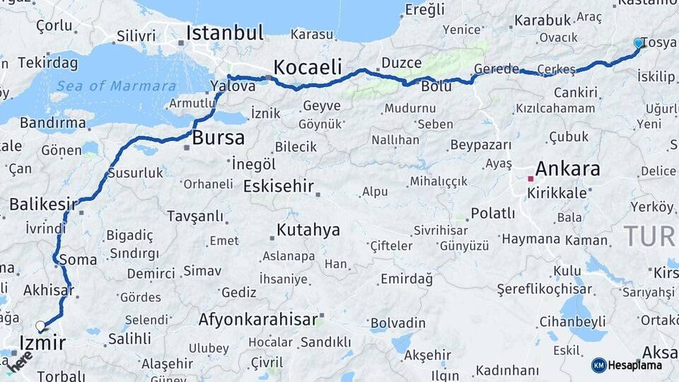 Kastamonu Tosya Manisa Arası Kaç Km - Yol Haritası