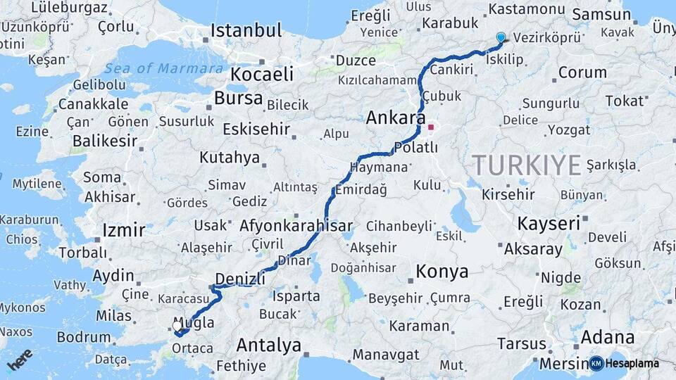 Kastamonu Tosya Muğla Arası Kaç Km - Yol Haritası