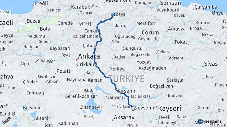 Kastamonu Tosya Nevşehir Arası Kaç Km - Yol Haritası