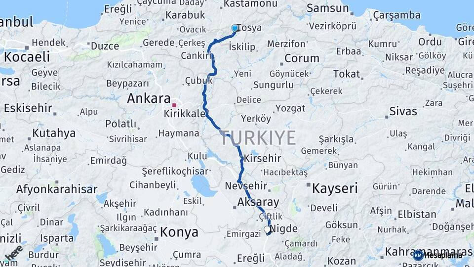 Kastamonu Tosya Niğde Arası Kaç Km - Yol Haritası