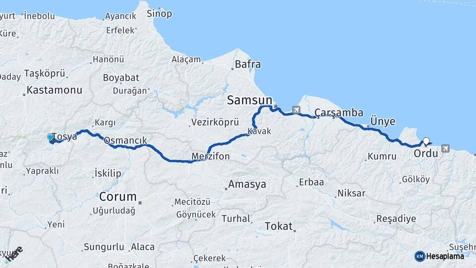 Kastamonu Tosya Ordu Arası Kaç Km - Yol Haritası