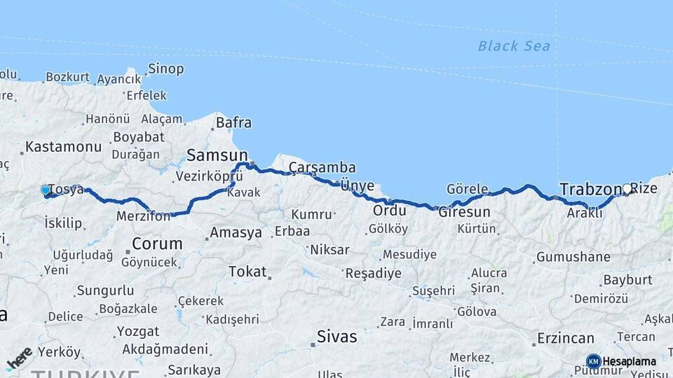 Kastamonu Tosya Rize Arası Kaç Km - Yol Haritası