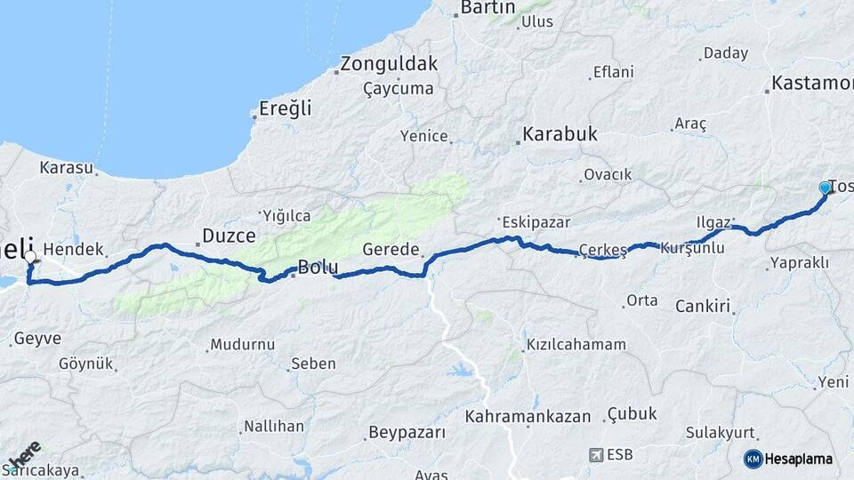 Kastamonu Tosya Sakarya Arası Kaç Km - Yol Haritası