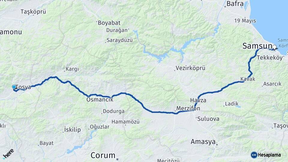 Kastamonu Tosya Samsun Arası Kaç Km - Yol Haritası