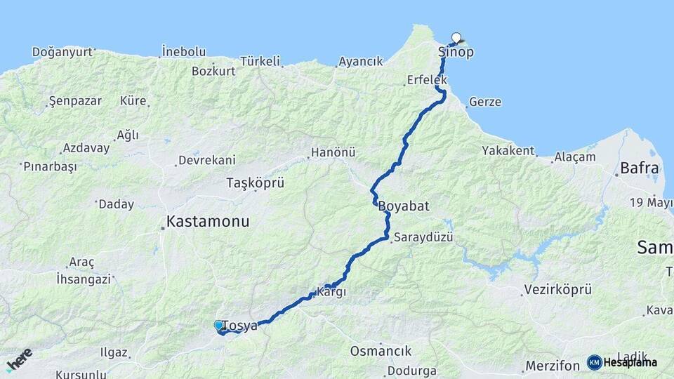 Kastamonu Tosya Sinop Arası Kaç Km - Yol Haritası
