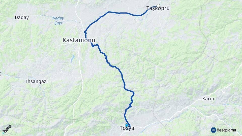 Kastamonu Tosya Taşköprü Arası Kaç Km - Yol Haritası