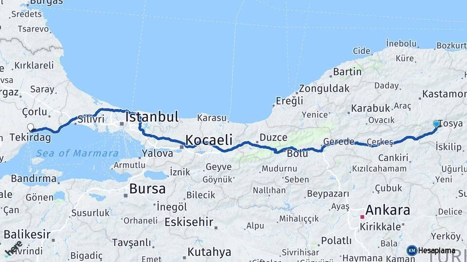 Kastamonu Tosya Tekirdağ Arası Kaç Km - Yol Haritası