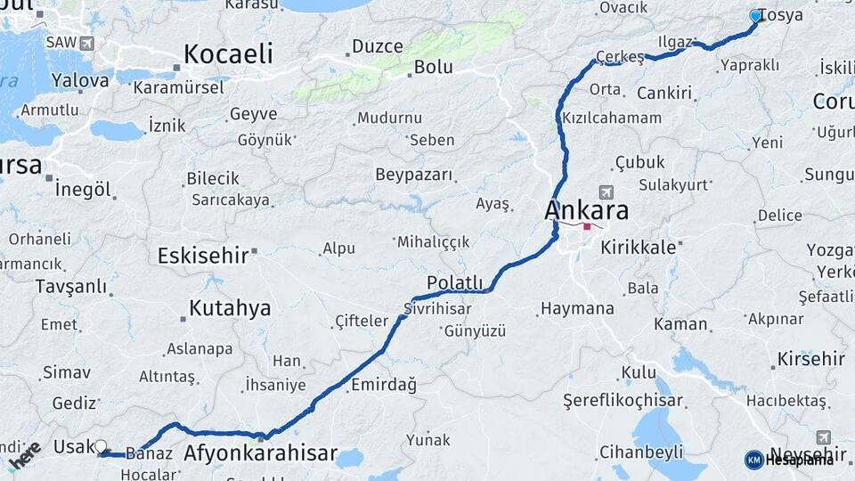 Kastamonu Tosya Uşak Arası Kaç Km - Yol Haritası