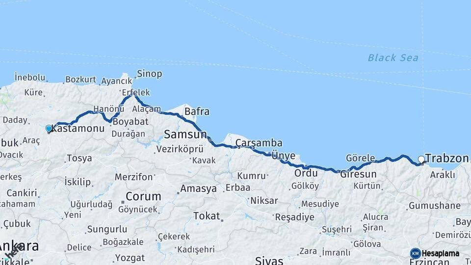 Kastamonu Trabzon Arası Kaç Km - Yol Haritası