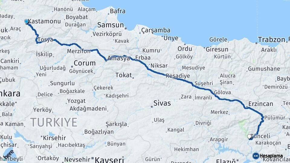 Kastamonu Tunceli Arası Kaç Km - Yol Haritası