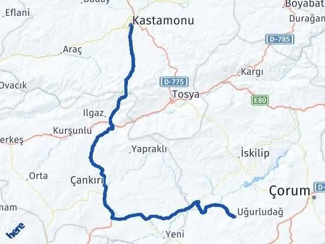 Kastamonu Uğurludağ Çorum Arası Kaç Km - Yol Haritası