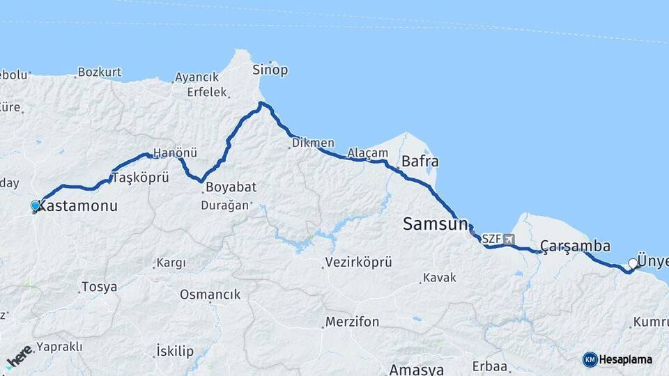 Kastamonu Ünye Ordu Arası Kaç Km - Yol Haritası