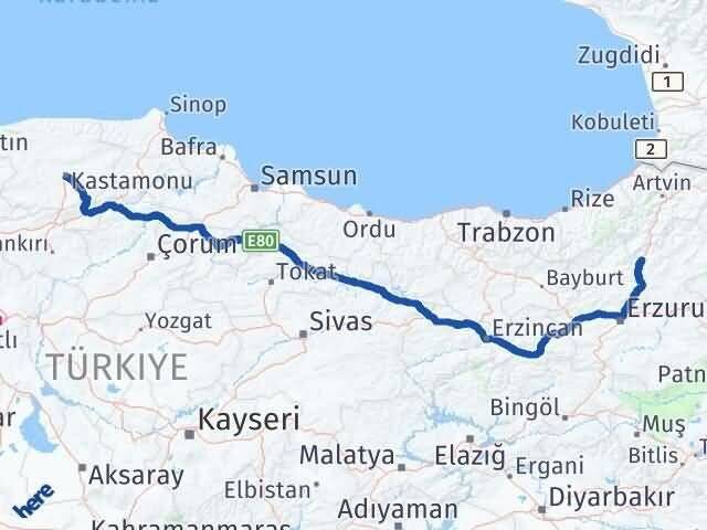 Kastamonu Uzundere Erzurum Arası Kaç Km - Yol Haritası