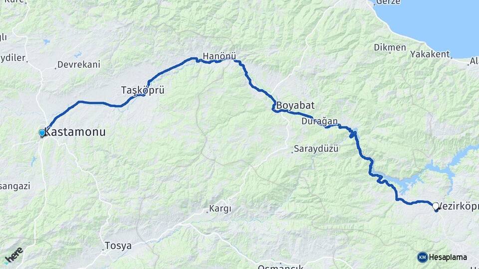 Kastamonu Vezirköprü Samsun Arası Kaç Km - Yol Haritası