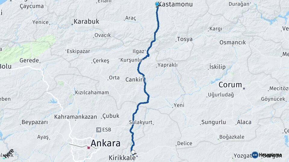 Kastamonu Yahşihan Kırıkkale Arası Kaç Km - Yol Haritası
