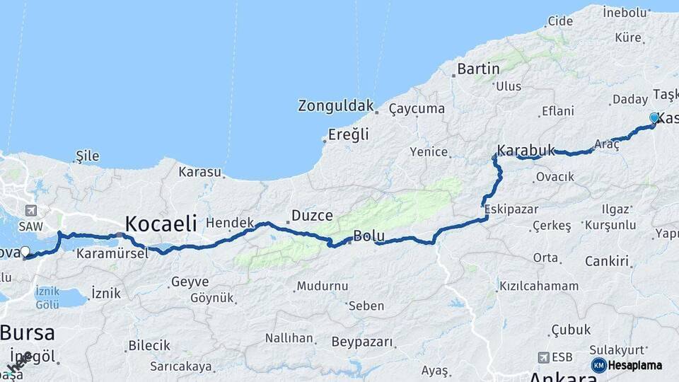 Kastamonu Yalova Arası Kaç Km - Yol Haritası