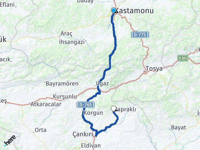 Kastamonu Yapraklı Çankırı Arası Kaç Km - Yol Haritası