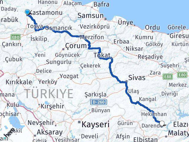 Kastamonu Yazıhan Malatya Arası Kaç Km - Yol Haritası