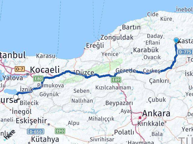 Kastamonu Yenişehir Bursa Arası Kaç Km - Yol Haritası