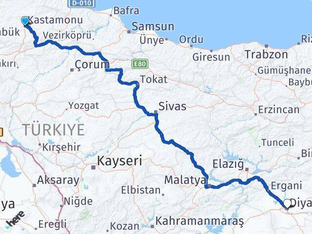 Kastamonu Yenişehir Diyarbakır Arası Kaç Km - Yol Haritası