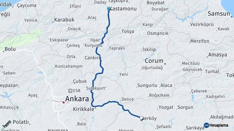 Kastamonu Yerköy Yozgat Arası Kaç Km - Yol Haritası
