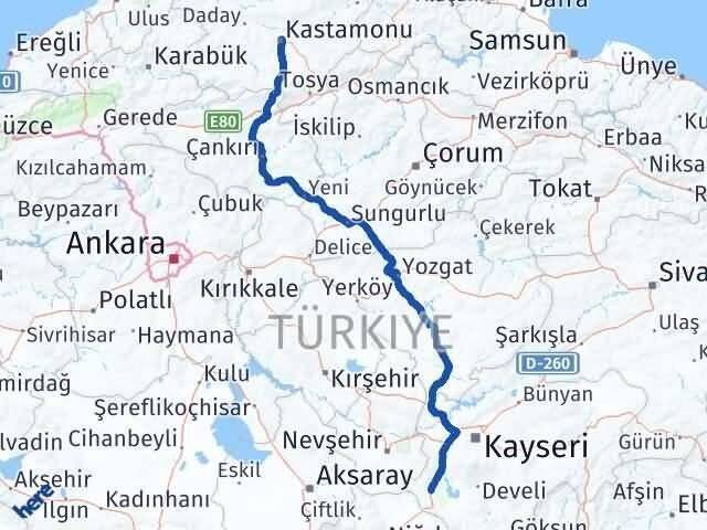 Kastamonu Yeşilhisar Kayseri Arası Kaç Km - Yol Haritası