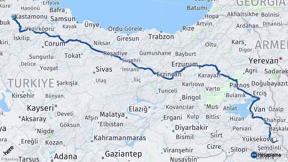 Kastamonu Yüksekova Hakkari Arası Kaç Km - Yol Haritası