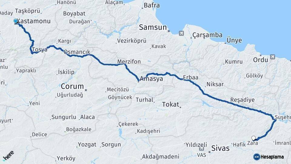 Kastamonu Zara Sivas Arası Kaç Km - Yol Haritası
