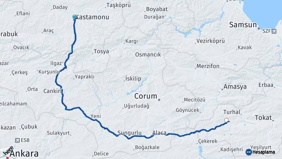 Kastamonu Zile Tokat Arası Kaç Km - Yol Haritası
