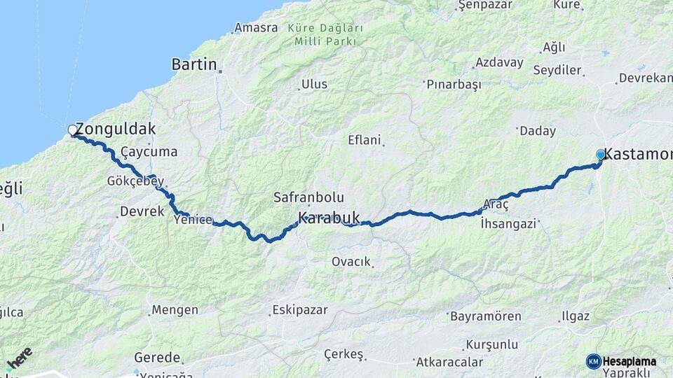 Kastamonu Zonguldak Arası Kaç Km - Yol Haritası