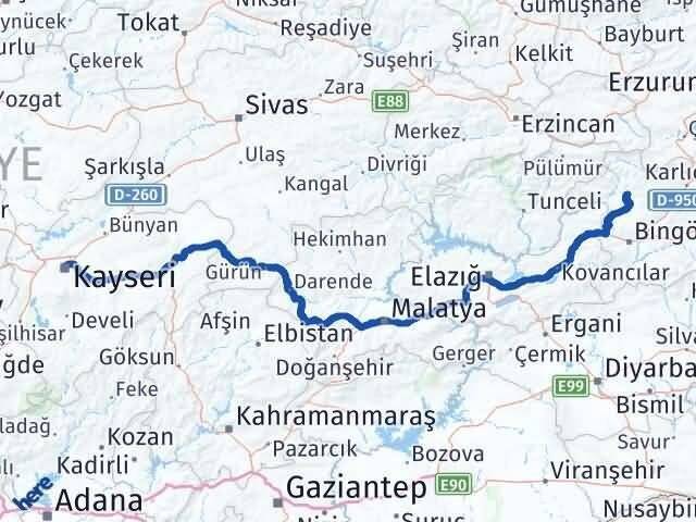 Kayseri Adaklı Bingöl Arası Kaç Km - Yol Haritası