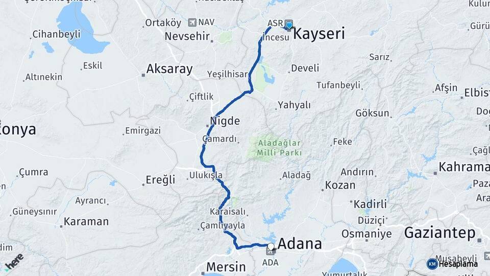 Kayseri Adana Havalimanı Arası Kaç Km - Yol Haritası