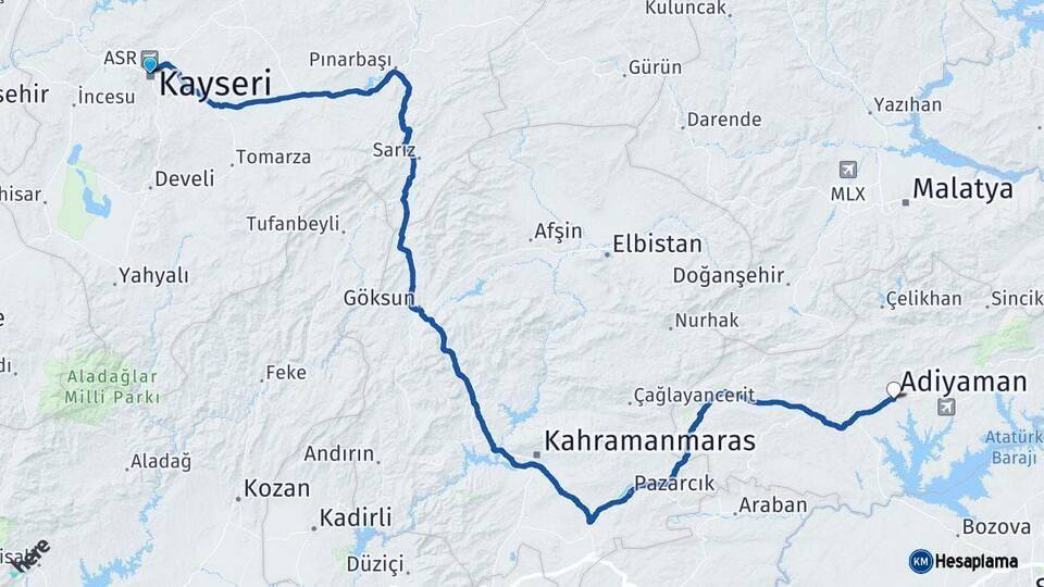 Kayseri Adıyaman Arası Kaç Km - Yol Haritası