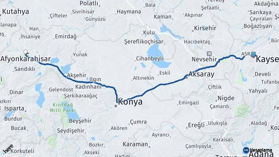 Kayseri Afyonkarahisar Arası Kaç Km - Yol Haritası