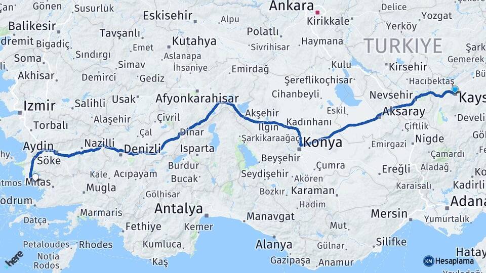 Kayseri Akbük Didim Aydın Arası Kaç Km - Yol Haritası