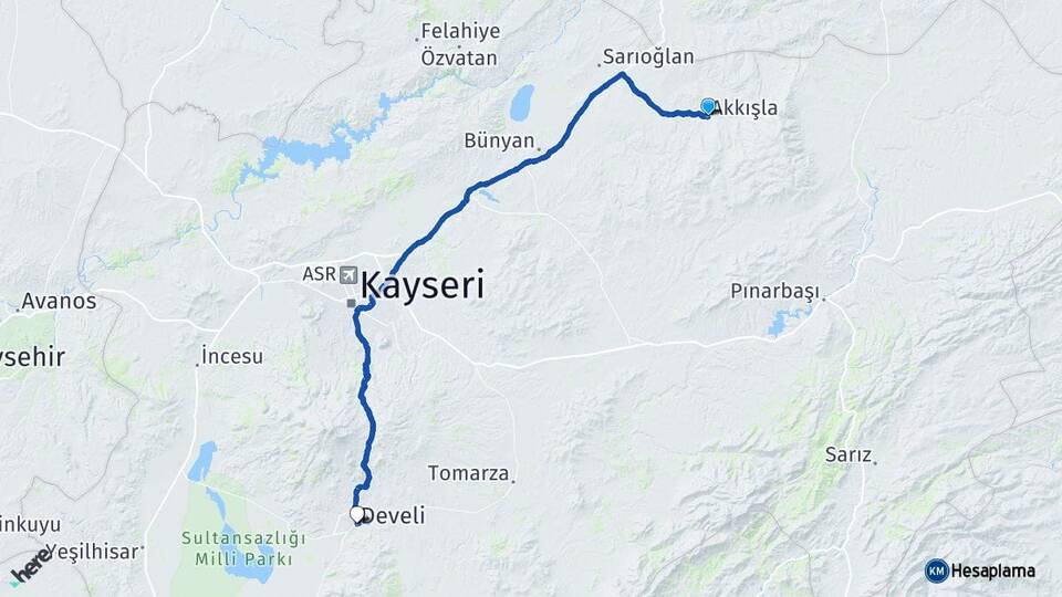 Kayseri Akkışla Develi Arası Kaç Km - Yol Haritası