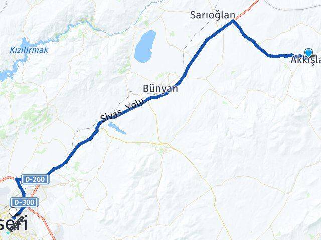 Kayseri Akkışla Melikgazi Arası Kaç Km - Yol Haritası