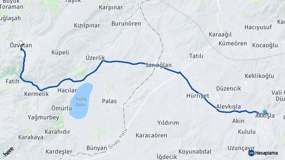Kayseri Akkışla Özvatan Arası Kaç Km - Yol Haritası