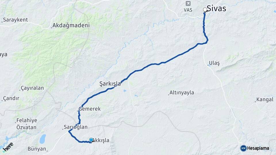 Kayseri Akkışla Sivas Arası Kaç Km - Yol Haritası