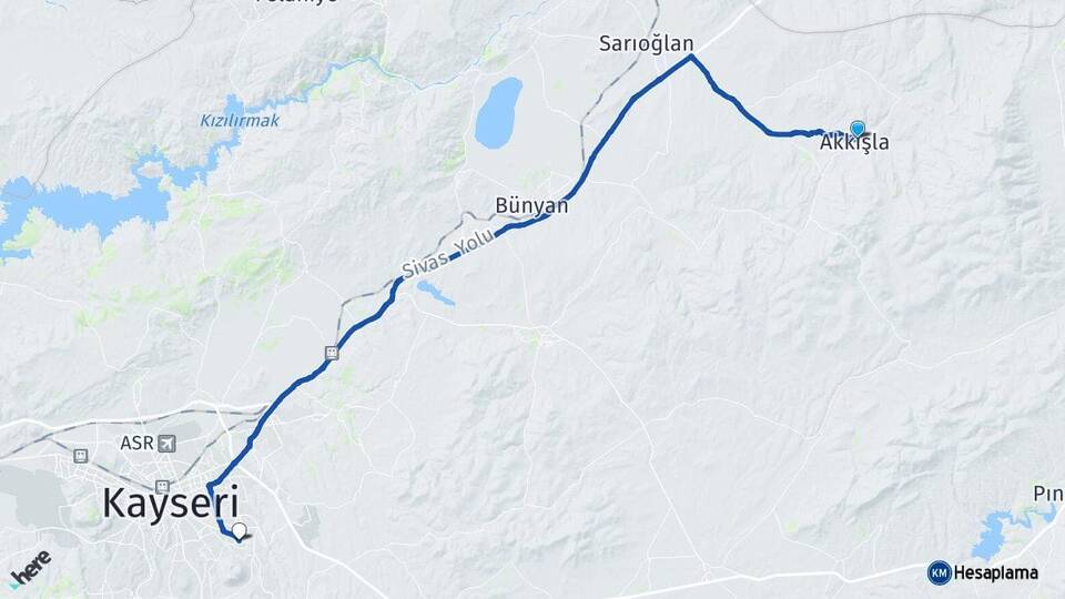 Kayseri Akkışla Talas Arası Kaç Km - Yol Haritası