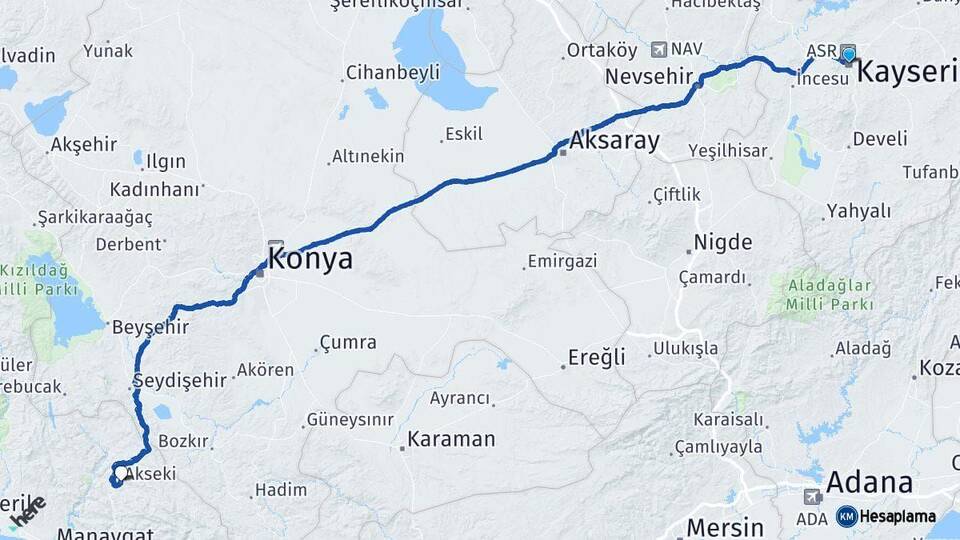 Kayseri Akseki Antalya Arası Kaç Km - Yol Haritası