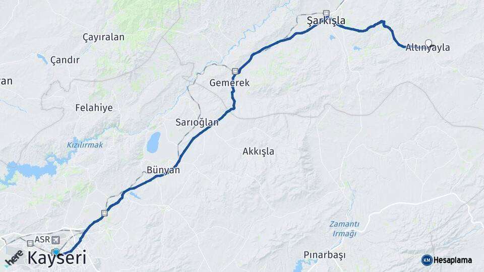 Kayseri Altınyayla Sivas Arası Kaç Km - Yol Haritası