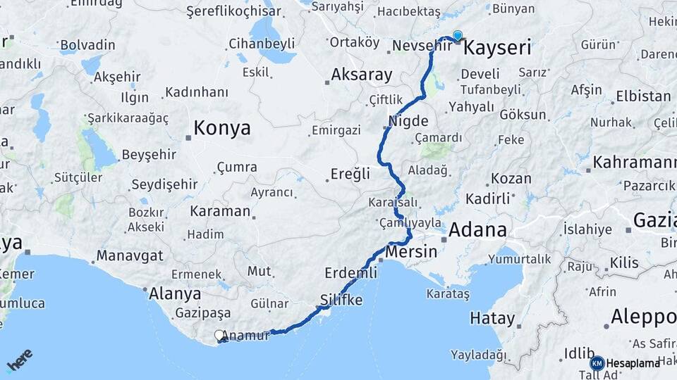 Kayseri Anamur Mersin Arası Kaç Km - Yol Haritası