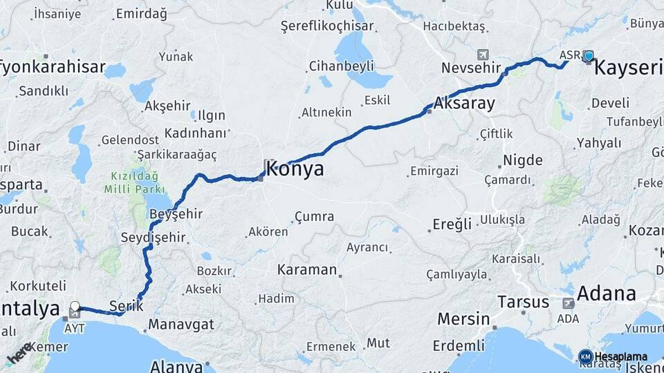 Kayseri Antalya Havalimanı Arası Kaç Km - Yol Haritası