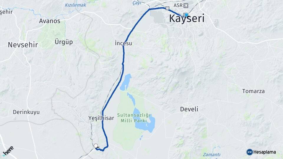 Kayseri Araplı Yeşilhisar Arası Kaç Km - Yol Haritası