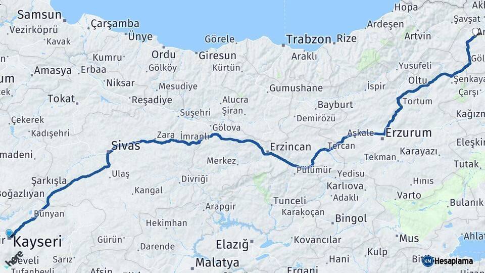 Kayseri Ardahan Arası Kaç Km - Yol Haritası