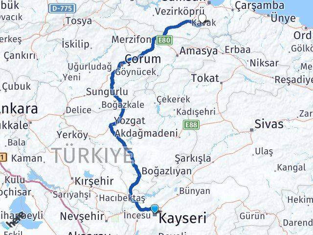 Kayseri Asarcık Samsun Arası Kaç Km - Yol Haritası